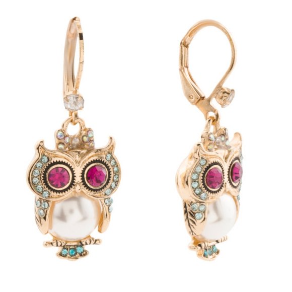 CLEARANCE Betsey Johnson Pearl Owl Leverback Earrings - Picture 1 of 5